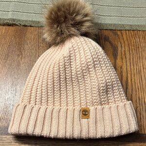 Timberland Women's Cream Knit Hat with Brown Pom-Pom